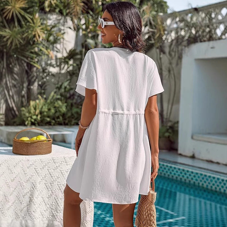 V-neck Solid-color Dress