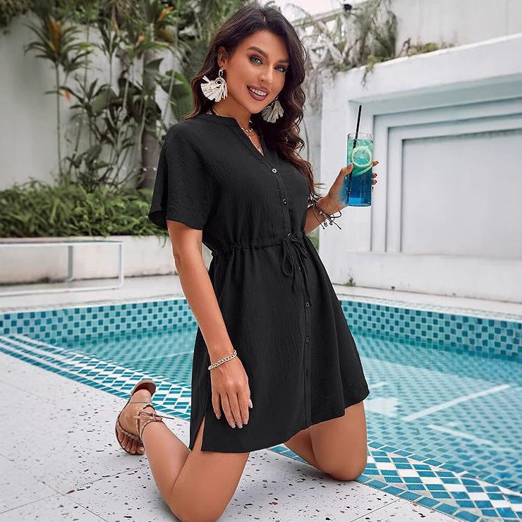 V-neck Solid-color Dress